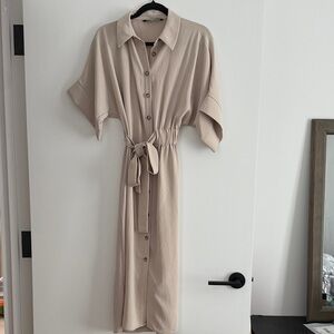 Zara Beige Button-Front Midi Shirt Dress with Tie Waist